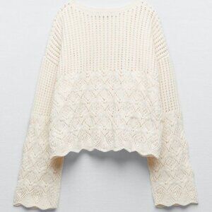 Zara Cream Open Knit Cropped Bell Sleeve Sweater